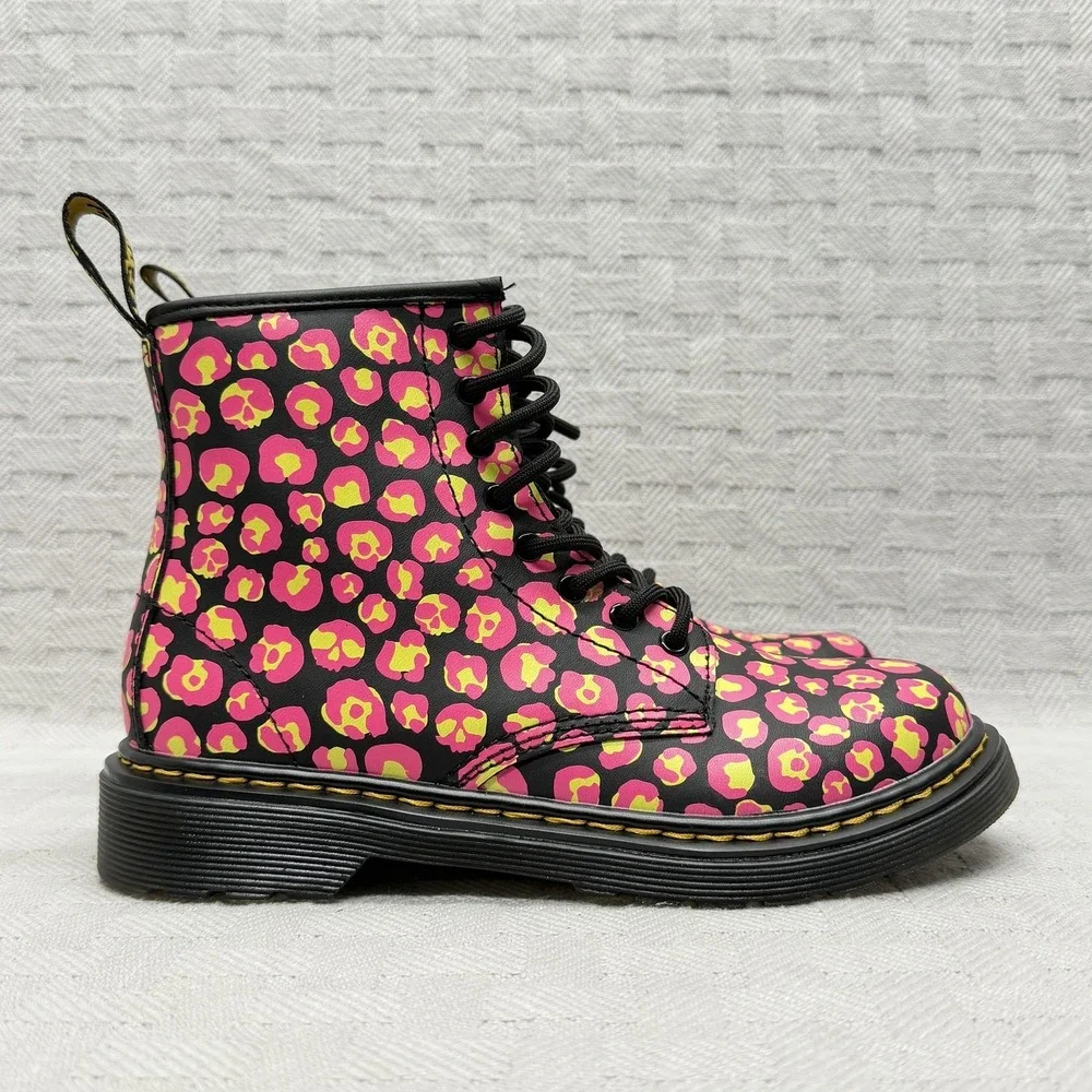 Dr. Martens 1460 J Boots Teens Size 3 Black Pink Leopard Ankle‎ Combat 1460J